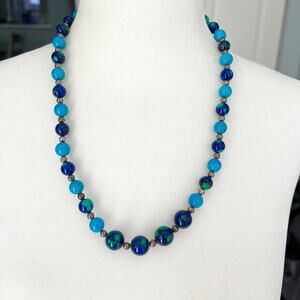 High quality handmade artisan blue green stone beaded necklace with silver clasp